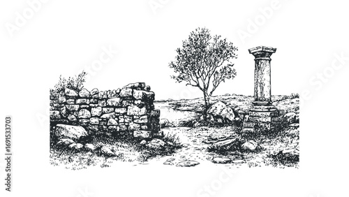 Ancient stone wall and column in sketch on transparent background. Vector hand drawn illustration