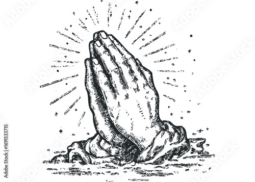 Praying Hands with Spiritual Rays Image. Vector hand drawn illustration