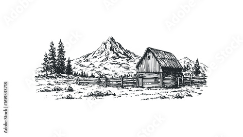 Rustic log cabin and rugged mountain landscape drawn in vintage sketch style. Vector hand drawn illustration
