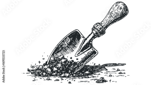 Hand Drawn Trowel Scooping Earth Image. Vector hand drawn illustration