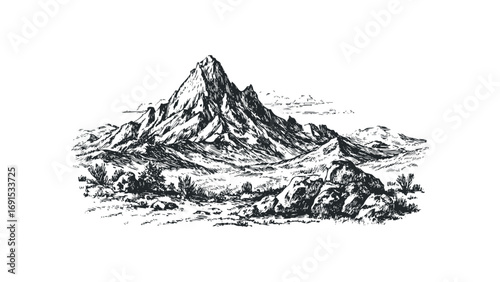 Pen and ink sketch of rugged mountain range with sparse vegetation on transparent background. Vector hand drawn illustration