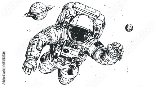 Astronaut floating in space with planets on transparent background. Vector hand drawn illustration