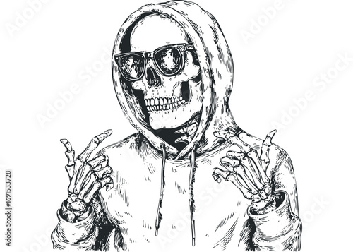 Skeleton wearing sunglasses and hoodie making hand gesture,. Vector hand drawn illustration