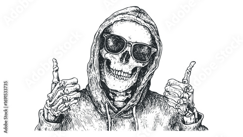 Skeleton wearing sunglasses and hoodie, giving thumbs up. Vector hand drawn illustration