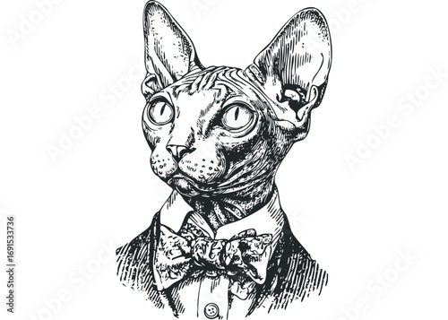Sphynx cat wearing a bow tie and collared shirt, line drawing. Vector hand drawn illustration