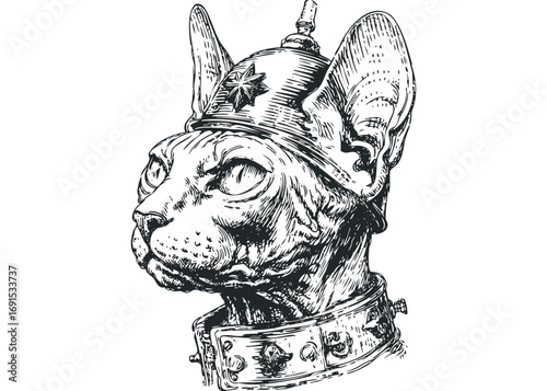 Sphynx cat wearing a spiked collar and helmet. Vector hand drawn illustration