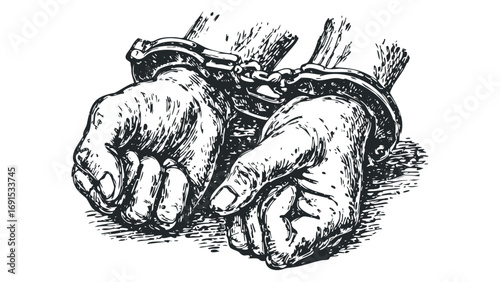 Close-up of Clasped Hands in Handcuffs with Rough Texture. Vector hand drawn illustration