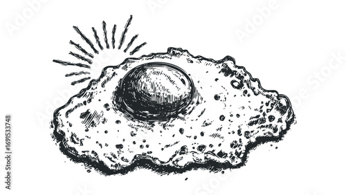 Hand drawn scrambled egg with radiating sun graphic on transparent background. Vector hand drawn illustration