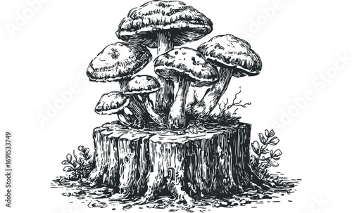 Detailed ink drawing of cluster mushrooms on a tree stump. Vector hand drawn illustration