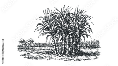 Sketch of Sugarcane Stalks with Verdant Leaves and Distant Hut. Vector hand drawn illustration