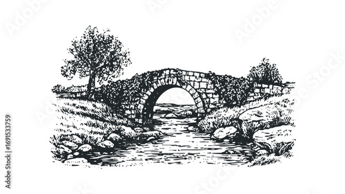 Stone bridge arching over a creek with a tree and grassy embankment. Vector hand drawn illustration