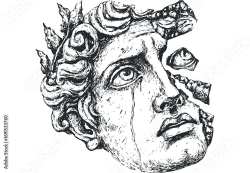 Fragmented antique bust head with distressed texture and tear. Vector hand drawn illustration
