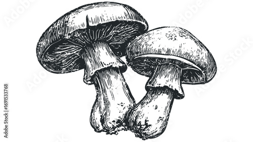 Two edible mushrooms depicted in a black and white sketch style on transparent background. Vector hand drawn illustration