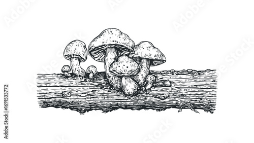 Line drawing of mushrooms growing on a log on a white. Vector hand drawn illustration