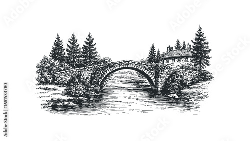 Stone arch bridge spanning river with coniferous trees and building. Vector hand drawn illustration