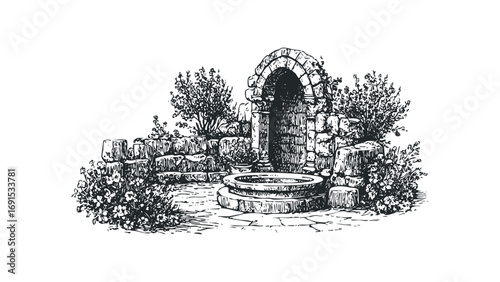 Stone well with arched entrance and surrounding foliage. Vector hand drawn illustration
