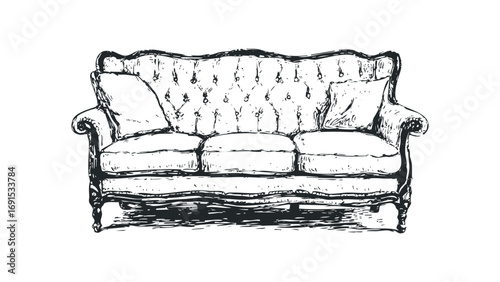 Ornate Sofa with Tufted Back and Cushions File. Vector hand drawn illustration