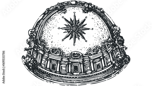 Black and white sketched compass rose within ornate architectural frame on transparent background. Vector hand drawn illustration