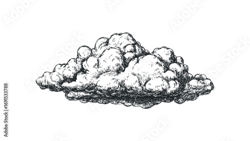 Puffy cumulus cloud sketch with detailed shading on transparent background. Vector hand drawn illustration