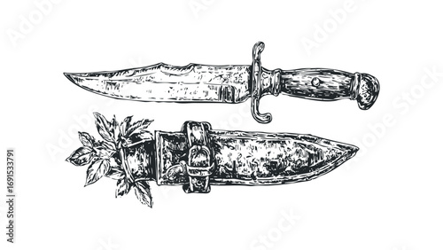 Antique Bowie Knife and Sheath with Leaves. Vector hand drawn illustration