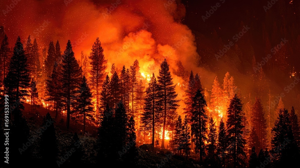 Fototapeta premium Nighttime forest fire. Silhouette of towering pine trees against a backdrop of intense orange and yellow flames and smoke. The fire's glow illuminates the night sky