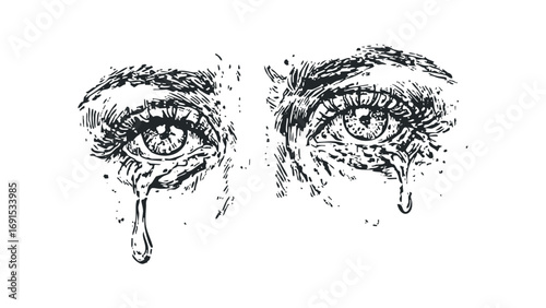 Sorrowful Eyes with Tear Drops Image. Vector hand drawn illustration