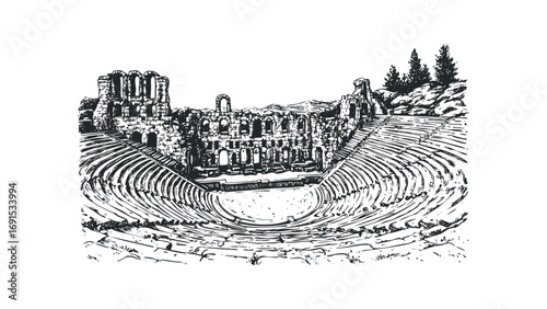 Sketch of an ancient amphitheater with surrounding rocky landscape and trees. Vector hand drawn illustration