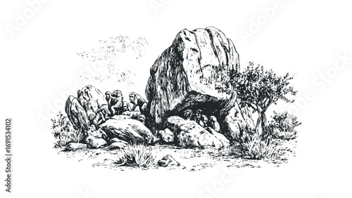 Monkeys in arid terrain with large rocks and sparse vegetation. Vector hand drawn illustration