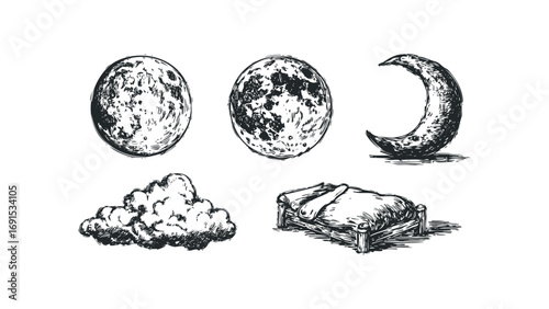 Hand drawn crescent moon, full moon, and clouds on transparent background. Vector hand drawn illustration