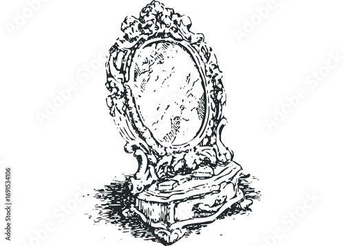Ornate vintage vanity mirror with drawer and pedestal base. Vector hand drawn illustration