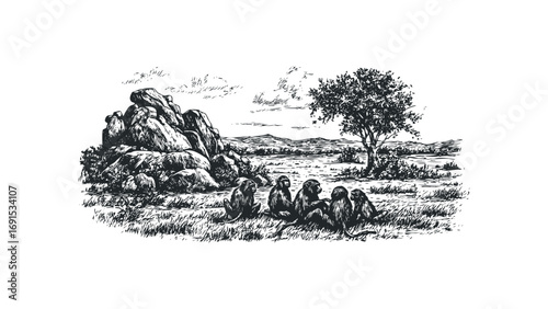 Sketch of baboons sitting on grassy landscape with rocks and tree. Vector hand drawn illustration