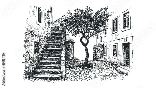 Line drawing of a European cobblestone street with stone steps and a tree. Vector hand drawn illustration