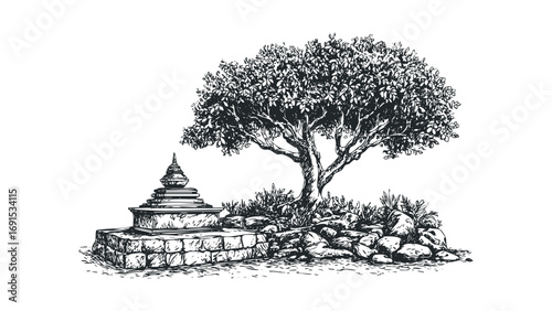Pen and ink drawing of a stupa with a leafy tree and stone foundation. Vector hand drawn illustration
