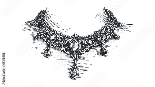 Intricate antique necklace with pendant, black and white line drawing on transparent background. Vector hand drawn illustration