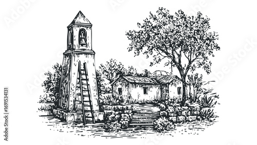 Sketch of bell tower and small house with tree and vegetation on transparent background. Vector hand drawn illustration