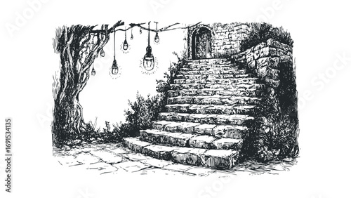 Stone staircase leading to an old doorway with lights hanging from tree. Vector hand drawn illustration