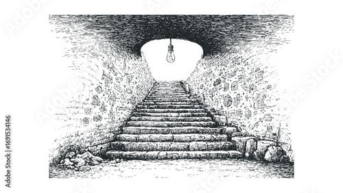Pencil sketch of ascending stone staircase illuminated by a single lightbulb. Vector hand drawn illustration