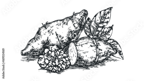 Hand Drawn Yam Root Vegetable with Leaves and Berries. Vector hand drawn illustration