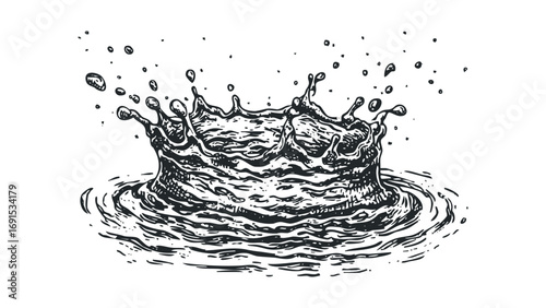Ink sketch of dynamic water splash with droplets flying. Vector hand drawn illustration