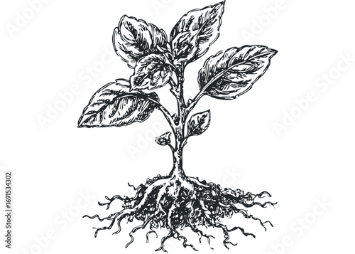 Black and white sketch of a healthy plant with visible roots on transparent background. Vector hand drawn illustration