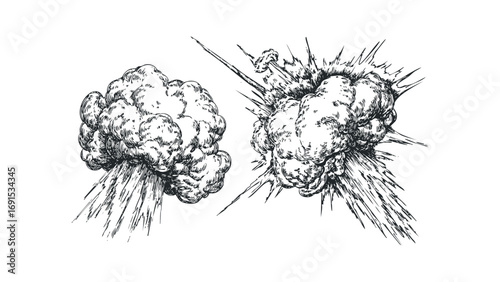 Explosion cloud sketches on transparent background. Vector hand drawn illustration