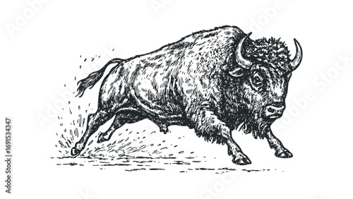 Bison animal running with dust and splashes on transparent. Vector hand drawn illustration