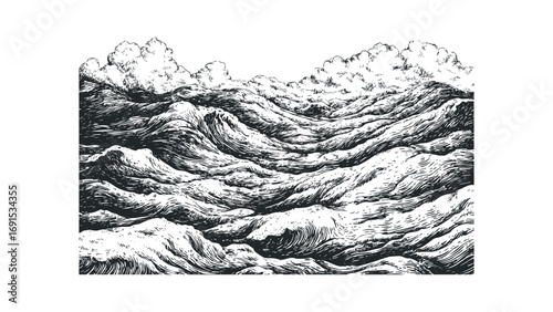 Rough ocean waves and clouds rendered in a scratchboard style. Vector hand drawn illustration