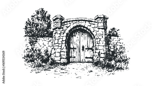 Stone Archway with Wooden Gate and Foliage. Vector hand drawn illustration
