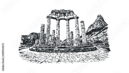 Ancient ruins with stone columns and rocky mountain range. Vector hand drawn illustration