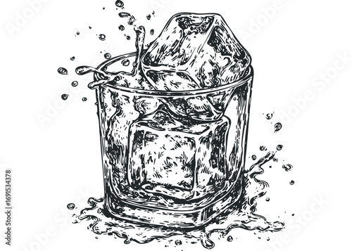 Glass of iced beverage with splashing liquid and ice cubes. Vector hand drawn illustration