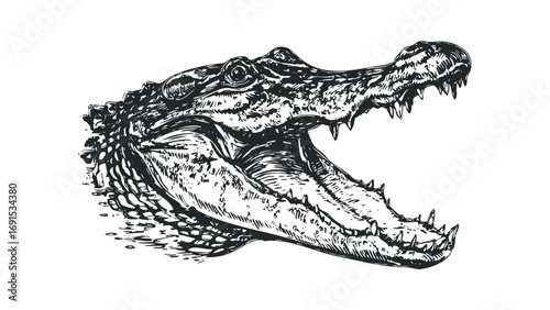 Fierce alligator head open mouth sharp teeth ink sketch. Vector hand drawn illustration
