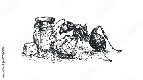 Line drawing of an ant collecting sugar from a small glass jar. Vector hand drawn illustration