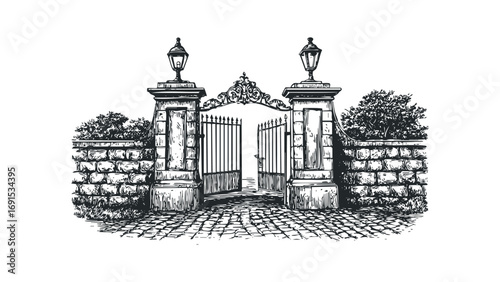 Ornate gate and stone wall with lamps and foliage. Vector hand drawn illustration