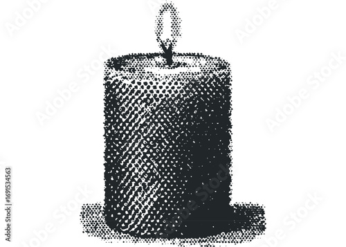 Halftone textured burning candle with flame isolated on white. Vector hand drawn illustration